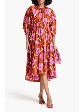 Diane Von Furstenberg Artie Pink Orange Floral Print 3/4 Sleeve Midi Dress XL